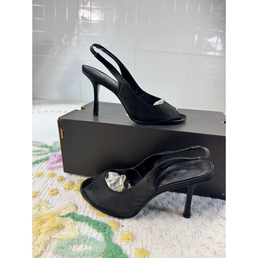 Spiegel Black Satin Peep Toe Slingback Stiletto Heels Leather Sole 7.5B F8065